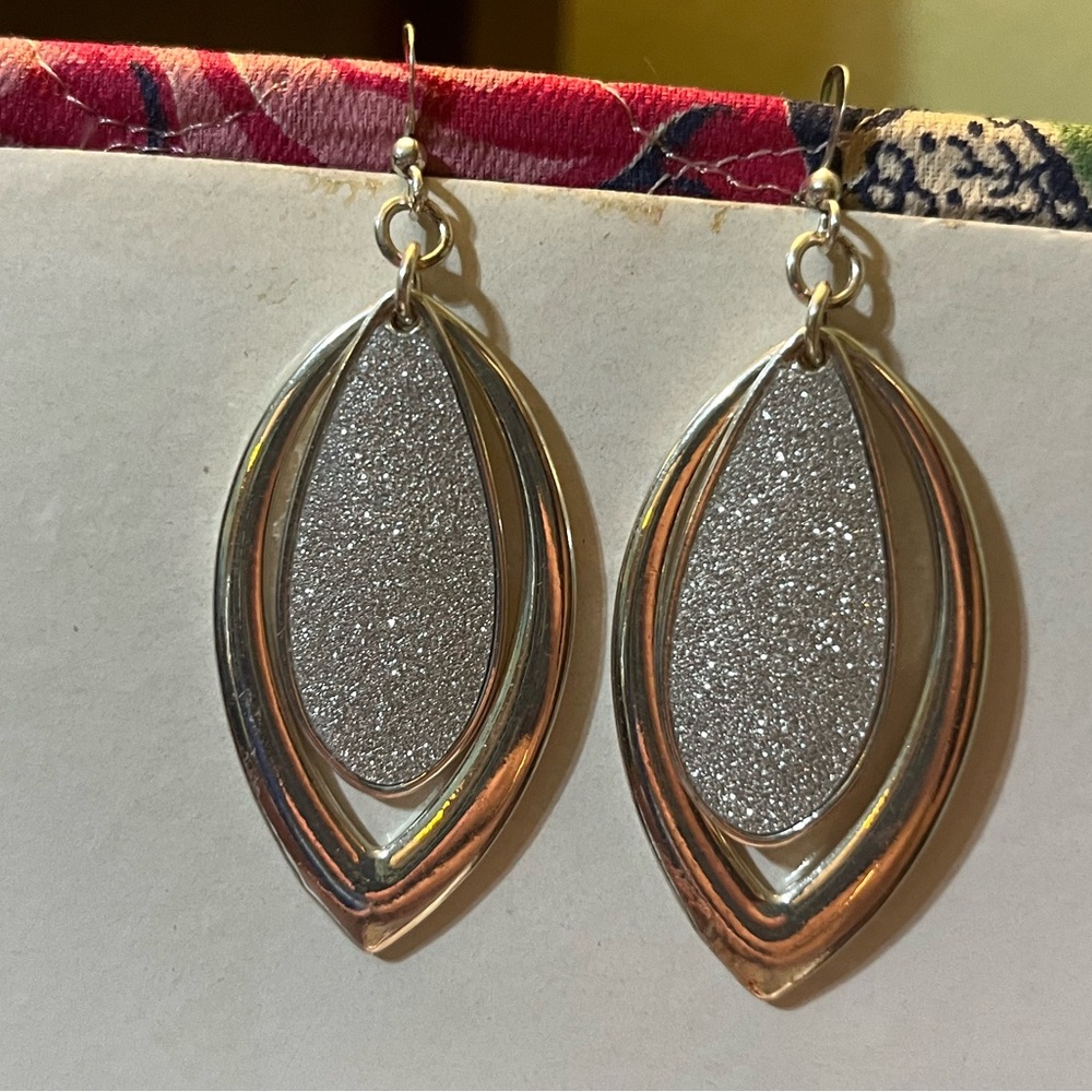 Silvery shimmer double petal drop earrings